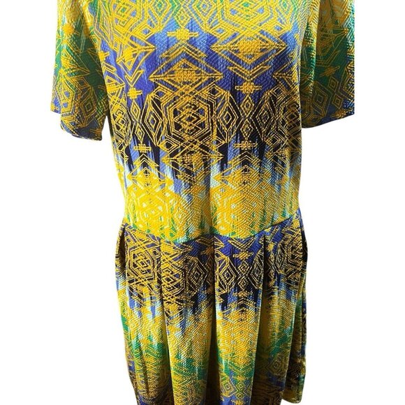LuLaRoe Women's 3X Amelia Dress Yellow Blue Green Aztec Pleated Round Neck - Picture 3 of 9
